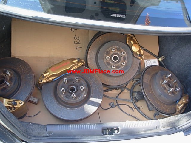 BA29001 - JDM STI Version 8 Brembo brake kit, complete front and rear with hubs and spindles. Fits most Subaru models