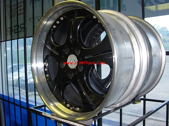 RI3009 - Rare Work Euroline S2H staggered wheels in 18x8 18x9 +38 offset, black with polished lip, deep dished.